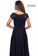 Picture of: Long Satin Dress with Sheer Floral Lace Cap Sleeves in Navy, Style: 28100, Detail Picture 6