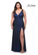 Picture of: Metallic Jersey Plus Gown with Slit and V Neckline in Navy, Style: 30267, Detail Picture 7