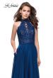 Picture of: Long A Line Chiffon Dress with Lace Up Neckline in Navy, Style: 25347, Main Picture
