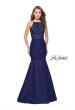 Picture of: Long Mermaid Prom Dress with Laser Cut Pattern Detail in Navy, Style: 25650, Main Picture