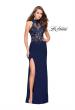 Picture of: Sheer Lace and Beaded Prom Dress with High Neck in Navy, Style: 26038, Main Picture