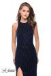 Picture of: Beaded Velvet Patterned Long Prom Dress with Slit in Navy, Style: 26116, Main Picture