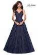 Picture of: Lace Detail Long A Line Prom Dress with Open Back in Navy, Style: 27030, Main Picture