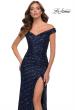 Picture of: Off the Shoulder Sequin Long Dress with Skirt Slit in Navy, Style 29653, Main Picture
