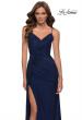 Picture of: Long Net Jersey Prom Gown with Ruching and Slit in Navy, Style 29699, Main Picture