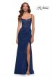 Picture of: Satin Dress with Sheer Lace Bodice and Slit in Navy, Style 29888, Main Picture