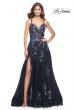 Picture of: A-Line Tulle and Floral Sequin Gown with High Slit in Navy, Style: 31936, Main Picture
