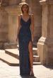 Picture of: Beautifully Beaded Long Evening Dress with V Neckline in Navy , Style 32928, Main Picture