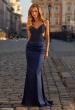 Picture of: Satin and Lace Prom Dress with Side Cutouts and Open Back in Navy, Style: 33651, Main Picture