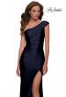 Picture of: One Shoulder Shiny Ruched Jersey Dress with Slit in Navy, Style 29619, Detail Picture 9