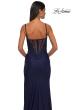 Picture of: Illusion Lace Top Prom Dress with Ruched Jersey Skirt in Navy, Style: 32803, Detail Picture 8
