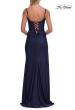 Picture of: Cowl Neck Fitted Gown with Slit and Lace-Up Back in Navy, Style: 33365, Detail Picture 12