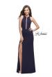 Picture of: Long Jersey Dress with High Neckline and Side Leg Slit in Navy, Style: 25477, Back Picture