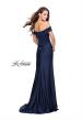 Picture of: Satin Off the Shoulder Dress with Trumpet Silhouette in Navy, Style: 25579, Back Picture