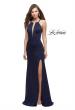 Picture of: Long Jersey Prom Dress with Beaded Strappy Open Back in Navy, Style: 25669, Back Picture