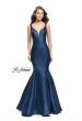 Picture of: Long Mikado Mermaid Gown with Lace Straps in Navy, Style: 25972, Back Picture