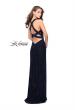Picture of: Beaded Velvet Patterned Long Prom Dress with Slit in Navy, Style: 26116, Back Picture