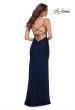 Picture of: Long Net Jersey Prom Gown with Ruching and Slit in Navy, Style 29699, Back Picture