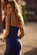 Picture of: Ruched Satin Evening Dress with Sheer Lace Top and Scallop Neckline in Navy , Style 32689, Back Picture