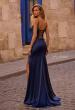 Picture of: Fitted Satin Gown with Exposed Boning and Lace Detail Neckline in Navy , Style 32955, Back Picture