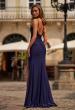 Picture of: Lace Bodice Fitted Gown with Slit and Open Back in Navy, Style: 33395, Back Picture