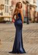 Picture of: Rhinestone Lace Bodice Gown with Slit and Lace-Up Back in Navy, Style: 33498, Back Picture