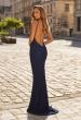 Picture of: Halter Lace Gown with Open Back and Rhinestone Details in Navy, Style: 33648, Back Picture
