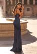 Picture of: Beaded Sheer Bodice Jersey Gown with Spaghetti Straps in Navy, Style: 33709, Back Picture