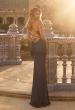 Picture of: Halter Satin Gown with Beaded Lace Trim and Open Back in Navy, Style: 33735, Back Picture