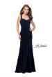 Picture of: Velvet Form Fitting Prom Dress with Intricate Back in Navy, Style: 25681, Detail Picture 1