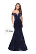 Picture of: Off the Shoulder Satin Prom Dress with Strappy Back in Navy, Style: 25764, Detail Picture 1