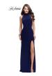 Picture of: Long Form Fitting Prom Gown with Sheer Beaded Detail in Navy, Style: 26004, Detail Picture 1