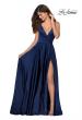 Picture of: Long Satin Dress with Side Slit and V Shaped Back in Navy, Style: 28607, Detail Picture 1