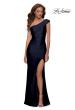 Picture of: One Shoulder Shiny Ruched Jersey Dress with Slit in Navy, Style 29619, Detail Picture 1