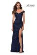 Picture of: Off the Shoulder Sequin Long Dress with Skirt Slit in Navy, Style 29653, Detail Picture 1