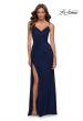 Picture of: Long Net Jersey Prom Gown with Ruching and Slit in Navy, Style 29699, Detail Picture 1