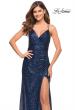 Picture of: Long Sequin Gown in Jewel Tones with V Neckline in Navy, Style: 30374, Detail Picture 1