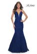 Picture of: Jewel Tone Long Mermaid Lace Dress with Back Rhinestone Detail in Navy, Style: 32315, Detail Picture 1