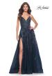 Picture of: Fabulous A-Line Gown Embellished with Sequin Beaded Applique in Jewel Tones in Navy, Style: 32346, Detail Picture 1