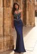 Picture of: High Neck Embellished Jersey Gown with Sheer Corset Bodice in Navy, Style: 33854, Detail Picture 1
