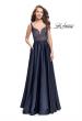 Picture of: Long Satin Dress with A Line Skirt and Beaded Top in Navy, Style: 25348, Detail Picture 2