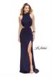 Picture of: Long Jersey Prom Dress with Side Cut Outs and Beading in Navy, Style: 25641, Detail Picture 2