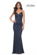 Picture of: Chic Stretch Satin Gown with V Neckline and Ruching in Navy, Style: 32075, Detail Picture 2