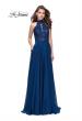 Picture of: Long A Line Chiffon Dress with Lace Up Neckline in Navy, Style: 25347, Detail Picture 3