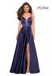 Picture of: Long Satin Formal Gown with Leg Slit and Strappy Back in Navy, Style: 26994, Detail Picture 3