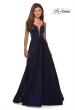Picture of: Two Tone Satin Long Gown with Plunging Neckline in Navy, Style: 27049, Detail Picture 3