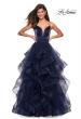 Picture of: Cascading Tulle Gown with Satin Top and V Back in Navy, Style: 27502, Detail Picture 3