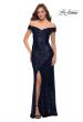 Picture of: Off the Shoulder Ruched Sequin Dress with Slit in Navy, Style 29831, Detail Picture 3
