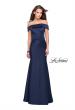 Picture of: Satin Off the Shoulder Dress with Trumpet Silhouette in Navy, Style: 25579, Detail Picture 5