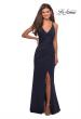Picture of: Long Jersey Ruched Dress with Side Leg Slit in Navy, Style: 27317, Detail Picture 5